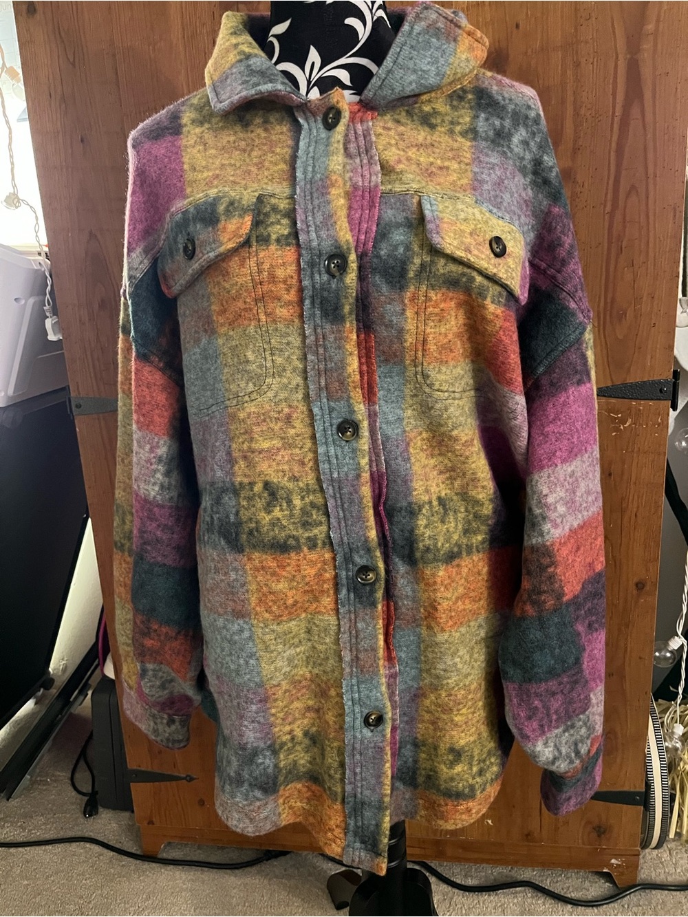 BiBi Multicolor Plaid Utility Shacket with Button Front